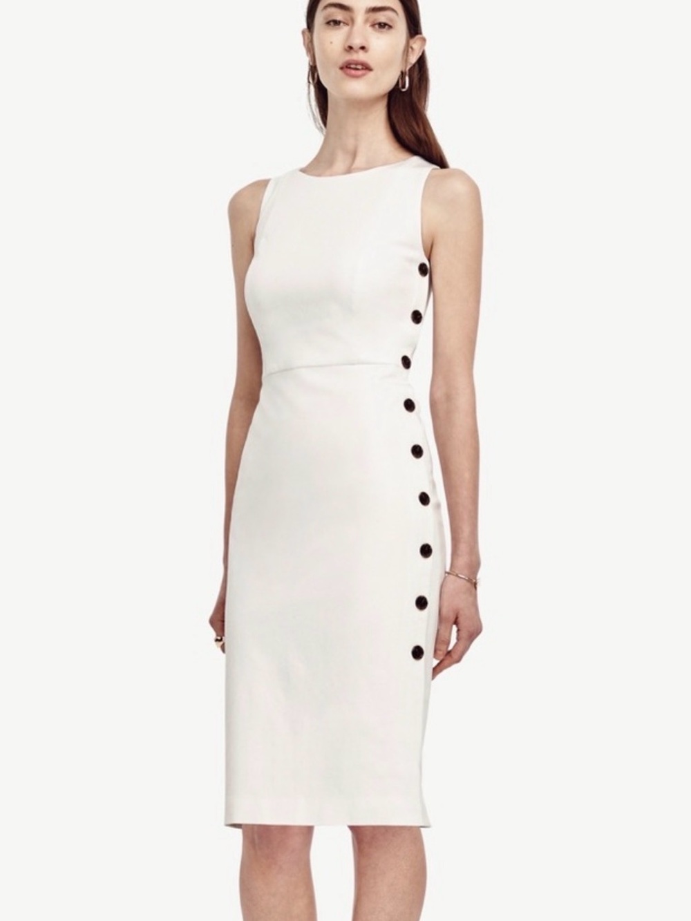 Ann Taylor White Midi Sheath Dress with Black Side Buttons